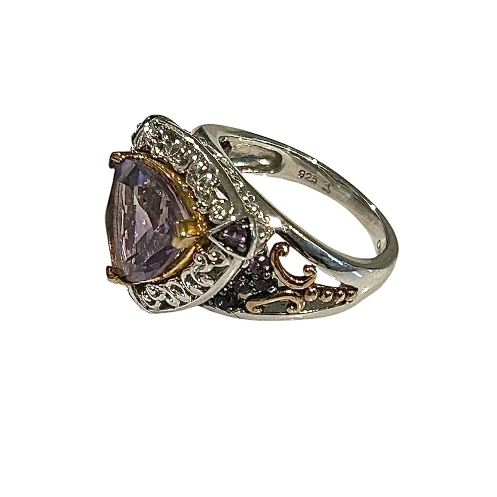 925 Sterling Silver China Imprinted Fat Triangle Shape Amethyst Ring Size 6